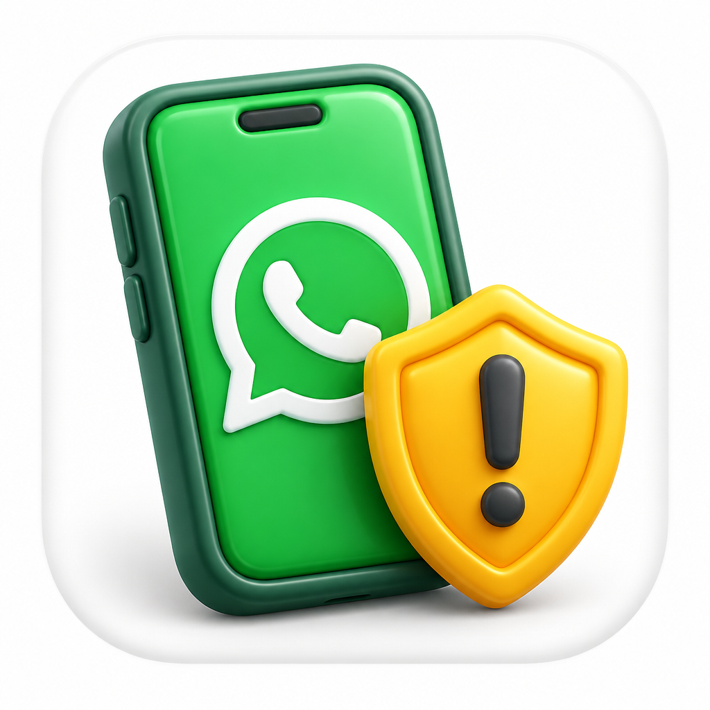 Celular com símbolo do WhatsApp e escudo amarelo de alerta
